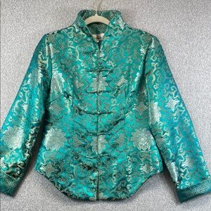 Panda silk jacket S traditional Asian style frog closure emerald green & gold